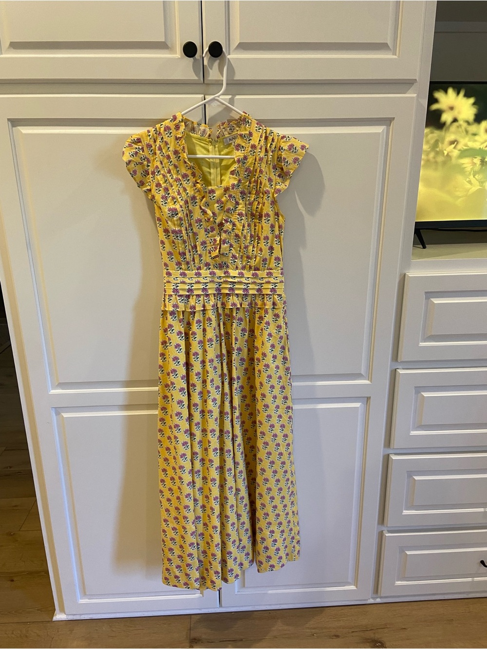 Avara Sunny Yellow Floral Midi Dress with Pleated Bodice